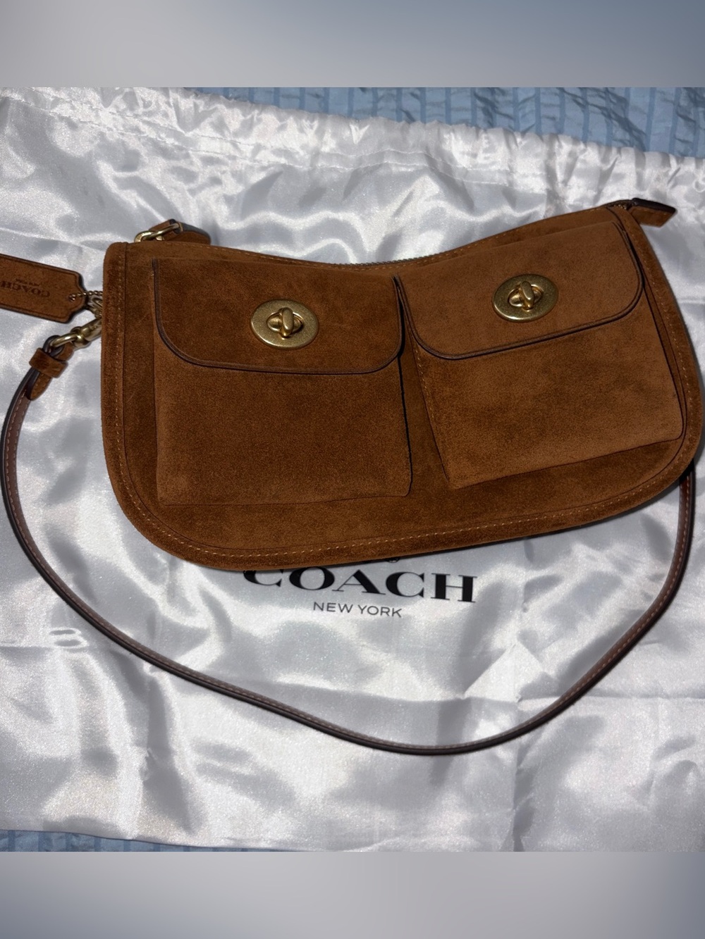 Coach Waverley Twin Turnlock Warm Brown Suede/Brass